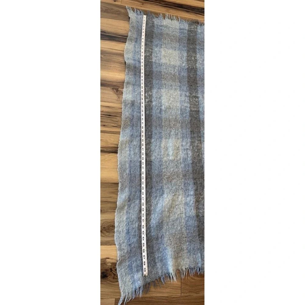 Vtg Hudson's Bay Plaid Brushed Wool Blend Throw Blanket Blue Gray Fringe 60x44